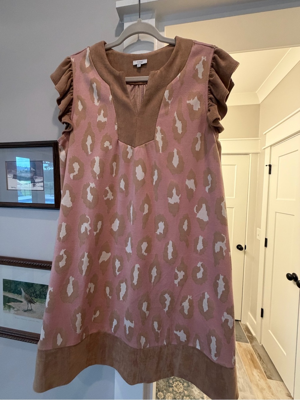 Pink and Brown Leopard Print Ruffle Sleeve Casual Dress